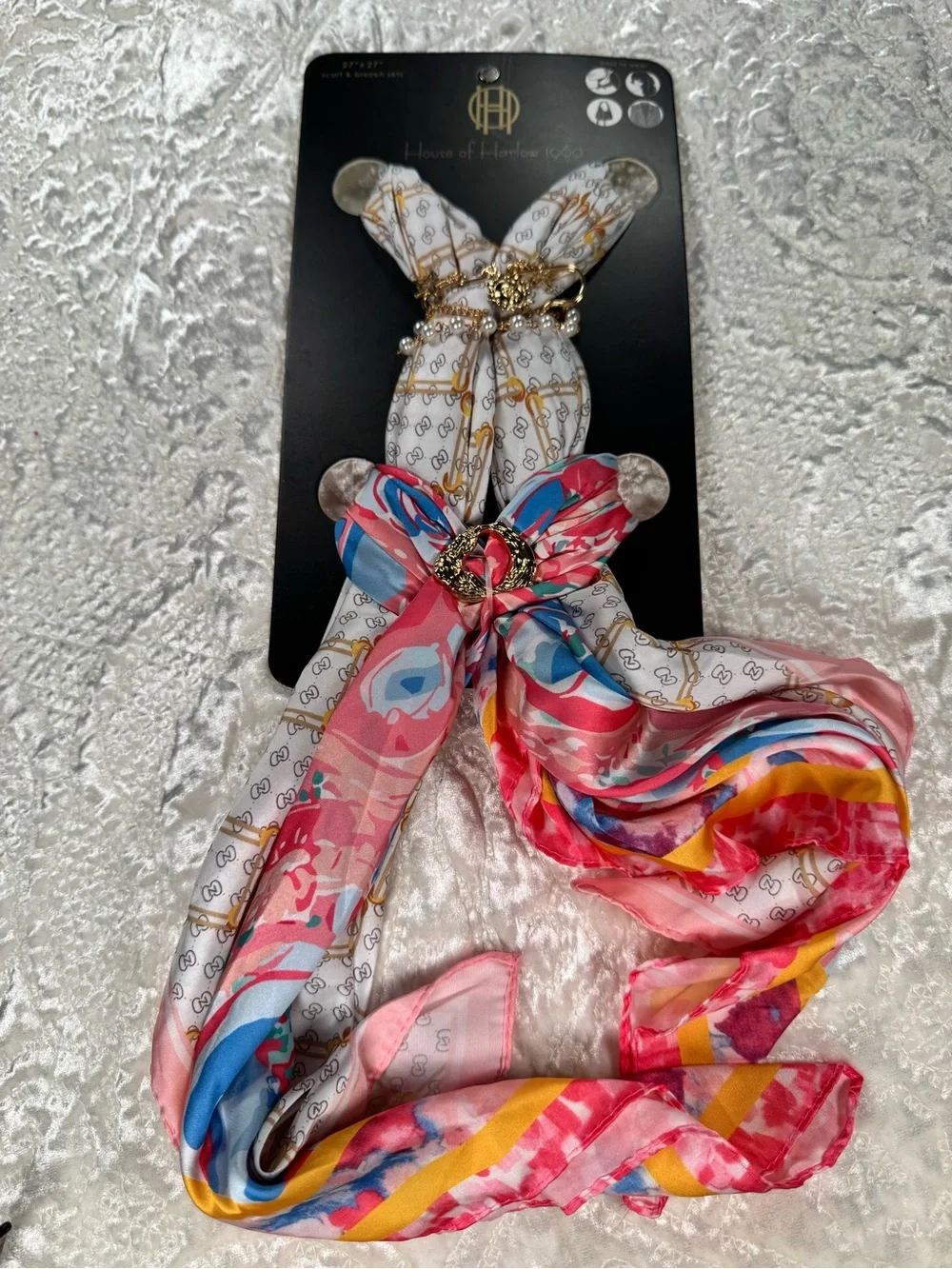 NWT House of Harlow 1960 set of 2 Pink Multicolor Silk ScarfTie with Gold Ring